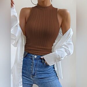 SHEIN Brown Ribbed Mock Neck Tank